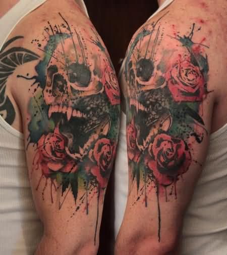 Vampire Skull With Red Roses Tattoo On Man Shoulder