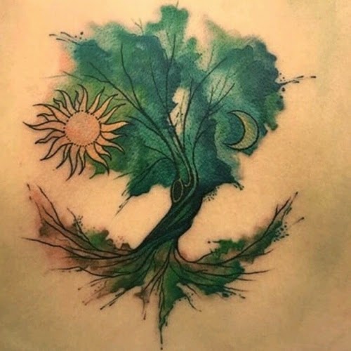 Watercolor Tree With Sun Tattoo Design