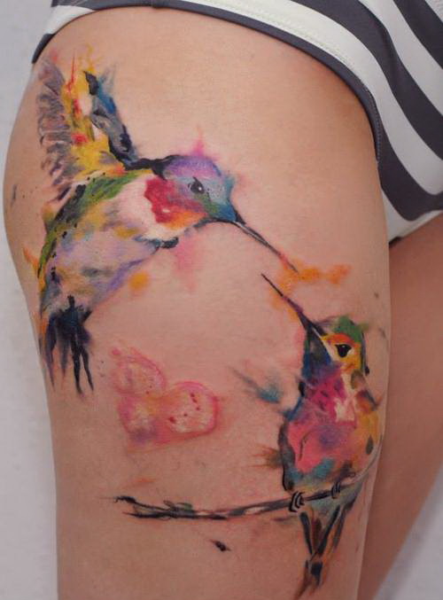 Watercolor Two Birds Tattoo On Girl Thigh For Daughter