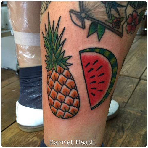 Watermelon Piece And Pineapple Fruit Tattoo On Leg Calf