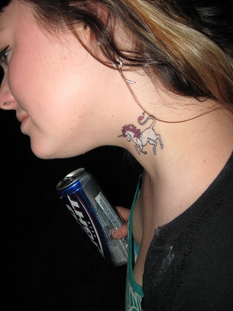 White And Pink Unicorn Tattoo On Girl Side Neck