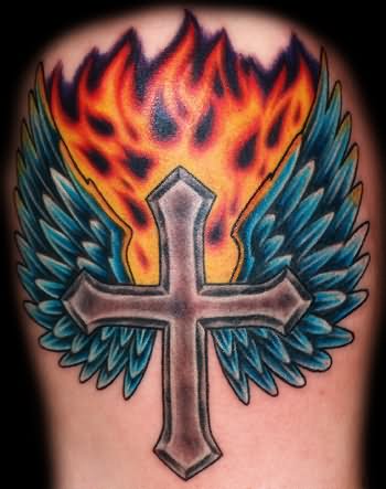 Winged Cross On Fire Tattoo Design