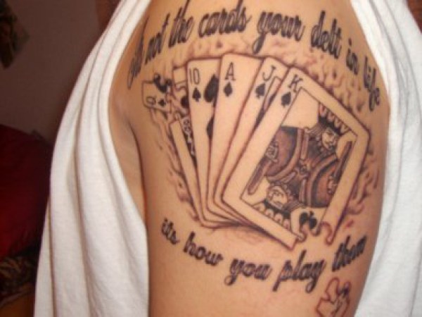 3D Black Poker Card Tattoo On Man Shoulder