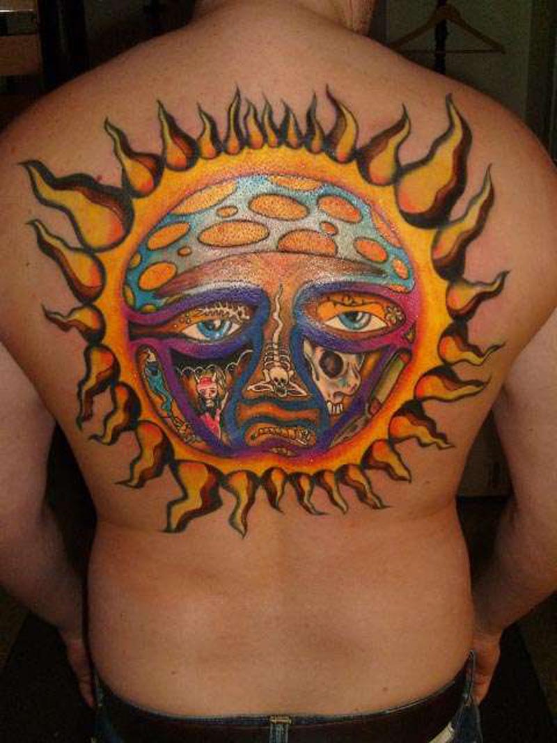 Amazing Colorful Sun Tattoo On Man Back