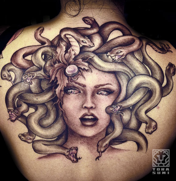 Amazing Medusa Face Tattoo On Upper Back