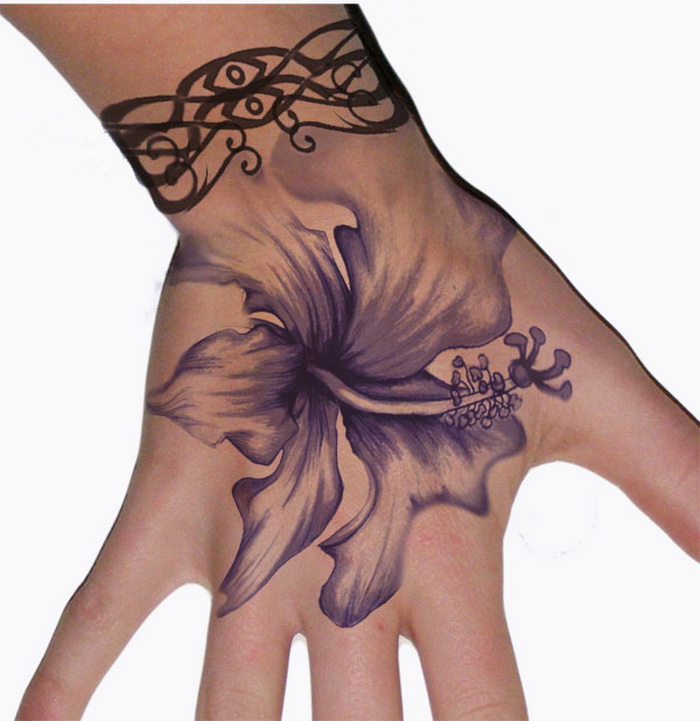 Awesome Grey Hibiscus Tattoo On Hand