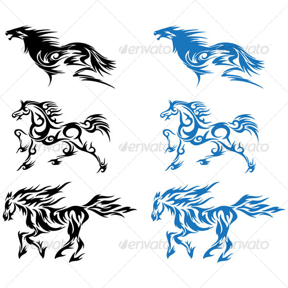 Black And Blue Tribal Horses Tattoo Flash