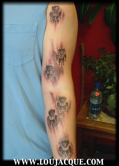 Black And Grey 3D Paw Prints Tattoo On Full Sleeve