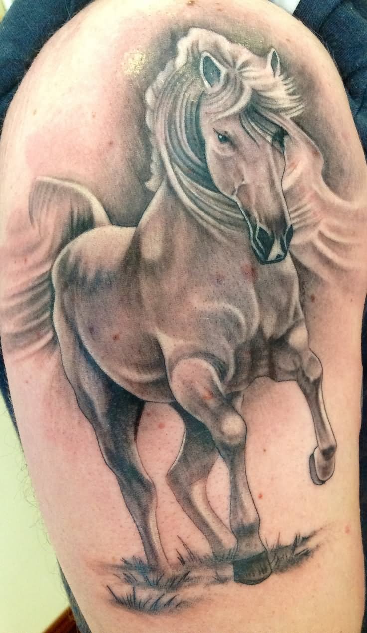 Black And Grey Horse Tattoo On Man Shoulder