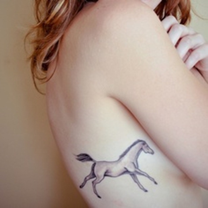 Black And Grey Little Horse Tattoo On Girl Upper Side Rib