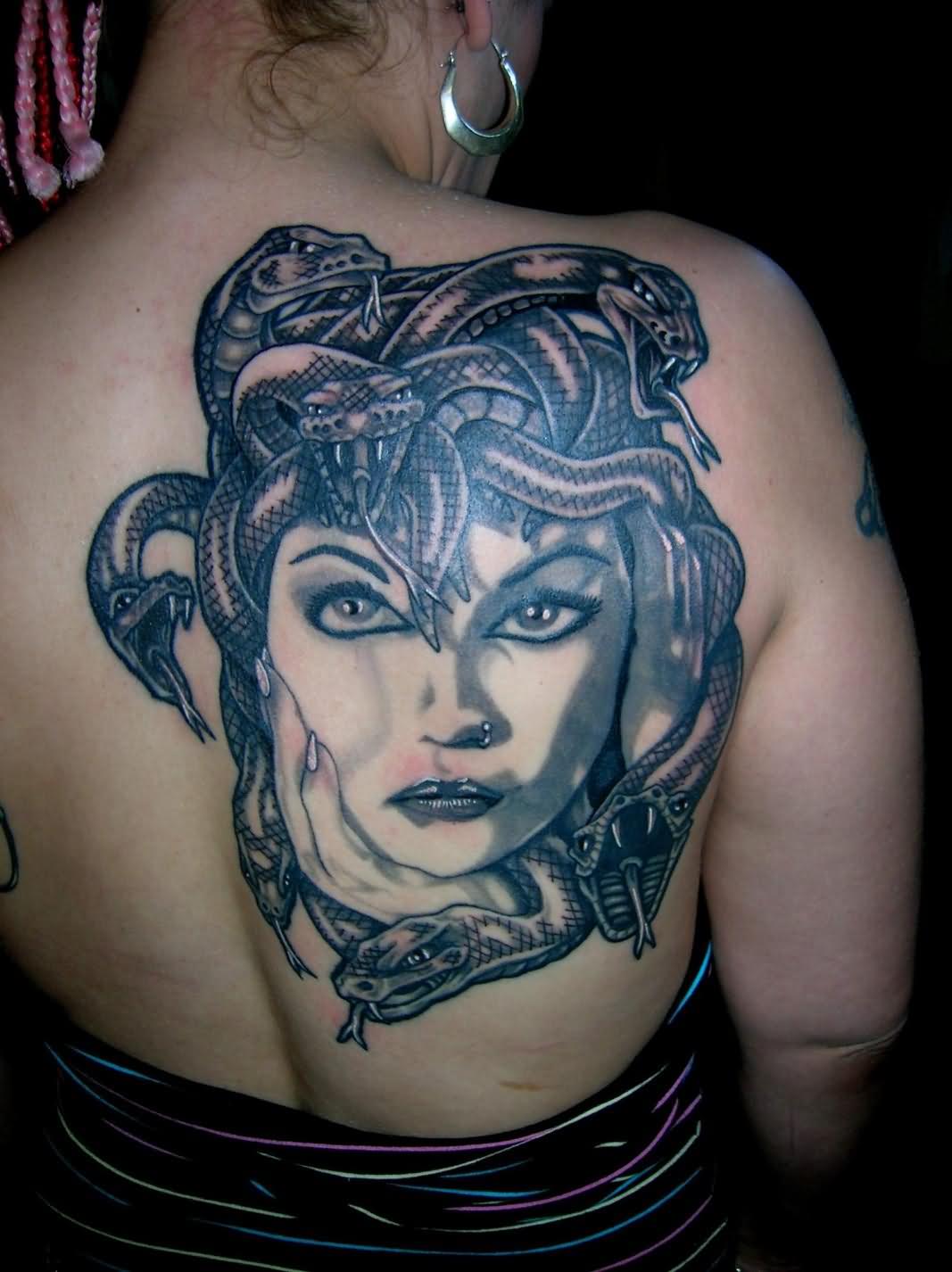 Black And Grey Medusa Face Tattoo On Girl Right Back Shoulder By Soullessmonster