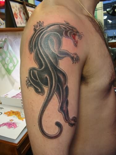 Black And Grey Panther Tattoo On Man Right Shoulder