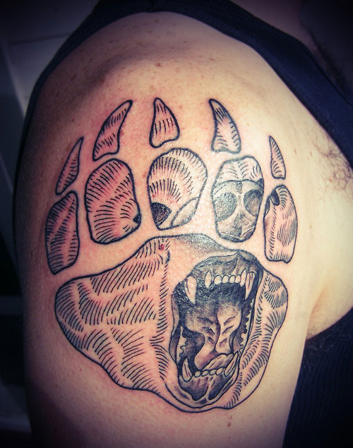 Black Bear Face In Bear Paw Tattoo On Man Shoulder