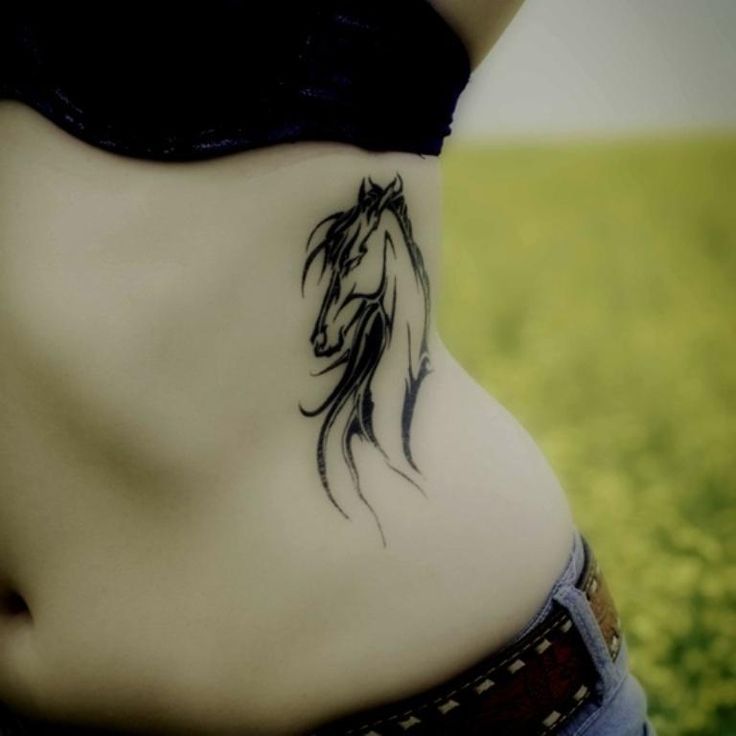 Black Horse Face Tattoo On Girl Side Rib
