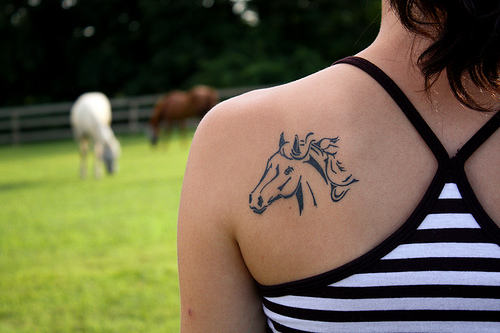 Black Horse Head Tattoo On Girl Left Back Shoulder