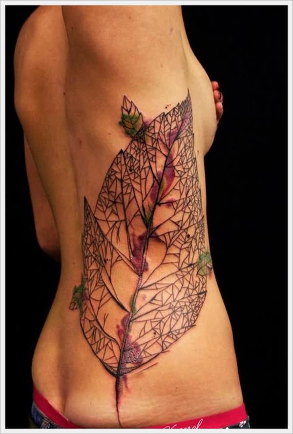 Black Leaf Tattoo On Side Rib