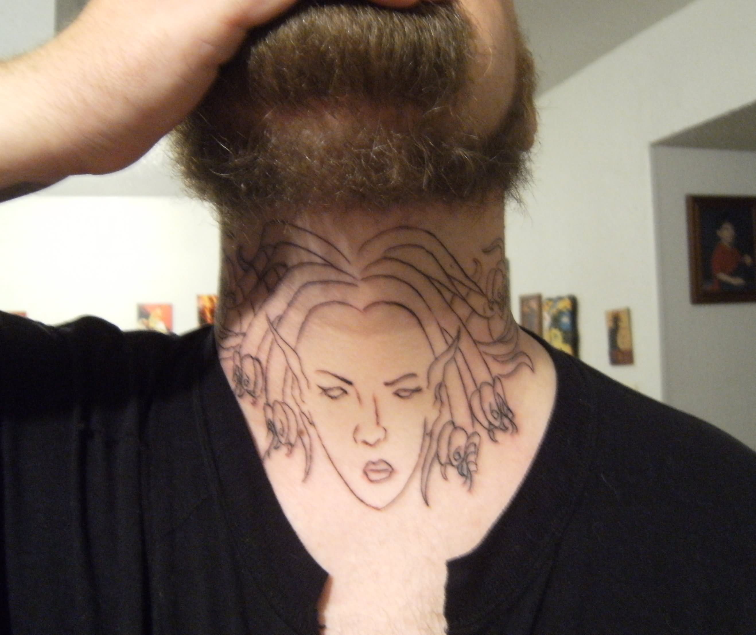 Black Medusa Face Outline Tattoo On Back Neck