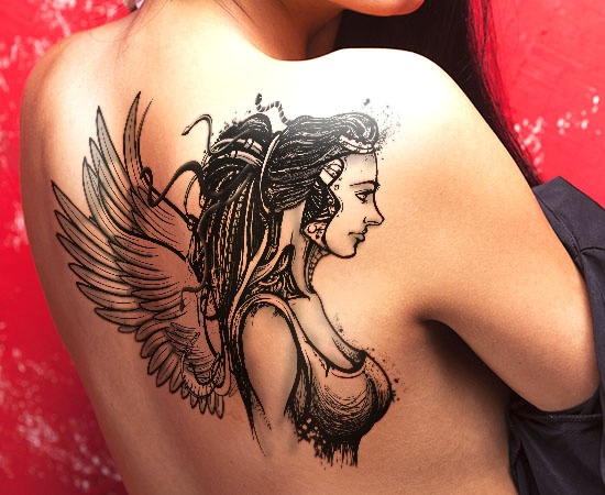 Black Medusa With Wings Tattoo On Girl Right Back Shoulder