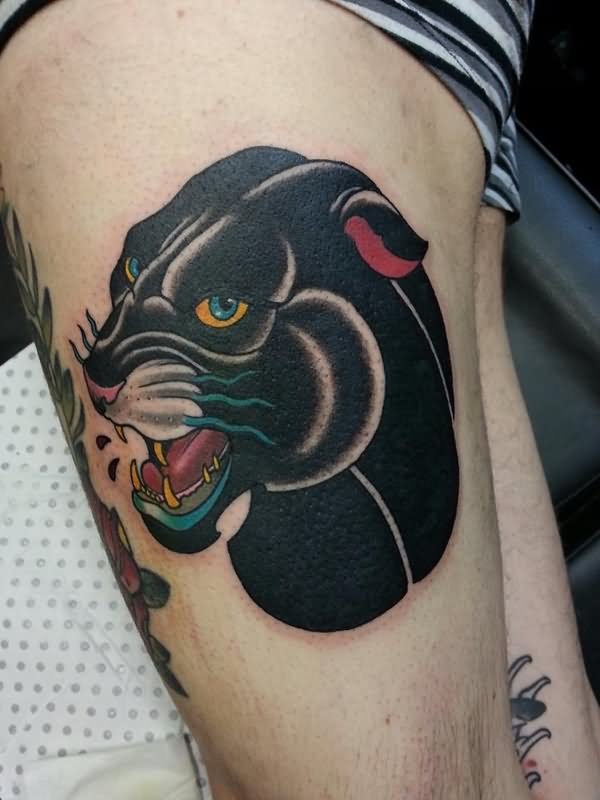 Black Panther Head Tattoo On Side Thigh