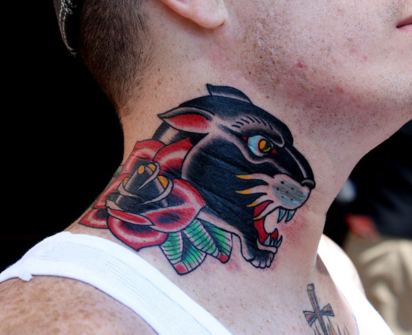 Black Panther Head With Red Rose Tattoo On Man Side Neck