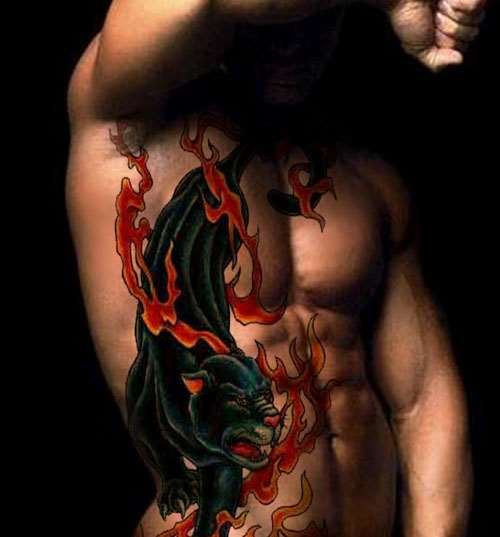 Black Panther In Flame Tattoo On Man Side Rib