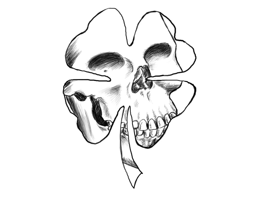 Black Skull In Clover Leaf Tattoo Design