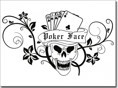 Black Skull With Poker Cards And Poker Face Banner Tattoo Design Idea