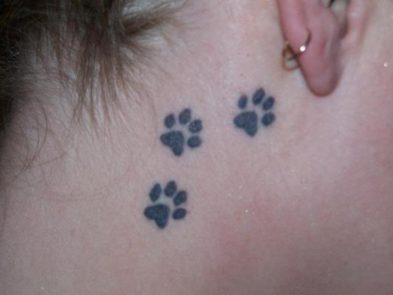 Black Three Paw Print Tattoo On Girl Behind The Ear.