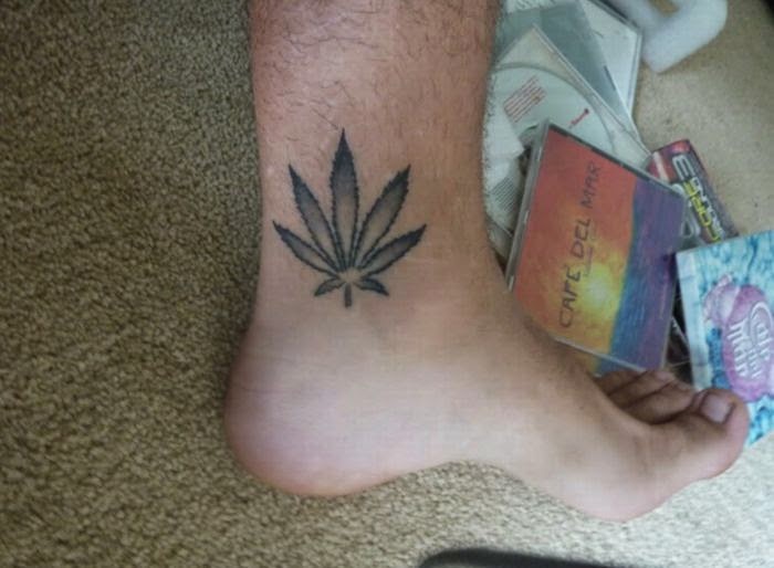 Black and Grey Weed Leaf Tattoo On Ankle