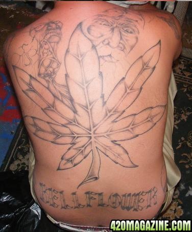 Black and Grey Weed Leaf Tattoo On Full Back