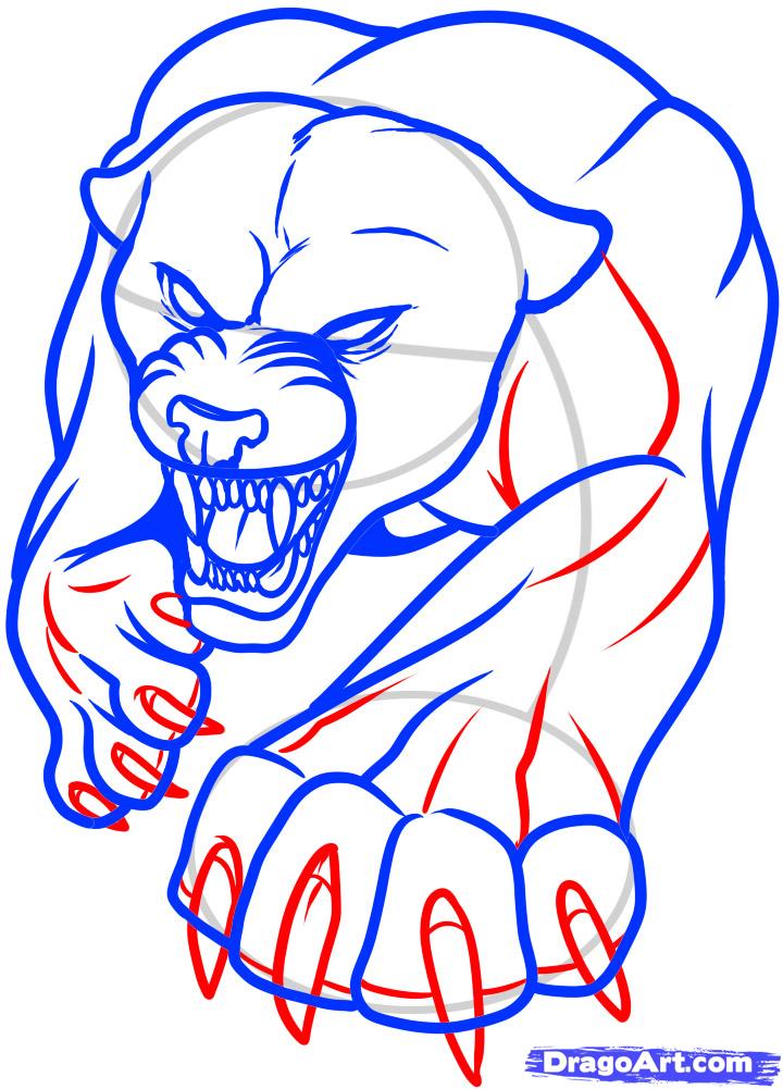 Blue And Red Roaring Panther Tattoo Stencil
