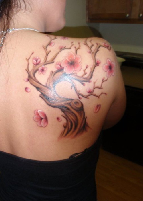 Cherry Blossom Tree Tattoo On Girl Right Back Shoulder