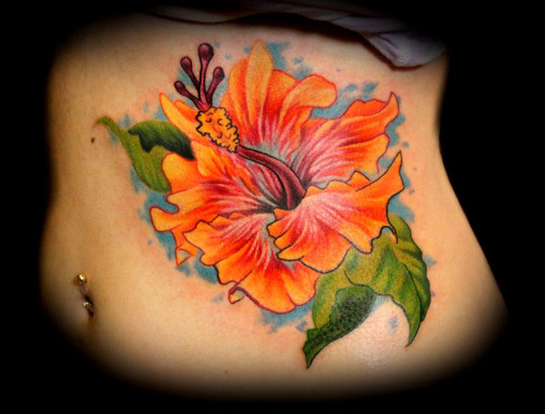 Colorful Hibiscus Tattoo On Stomach