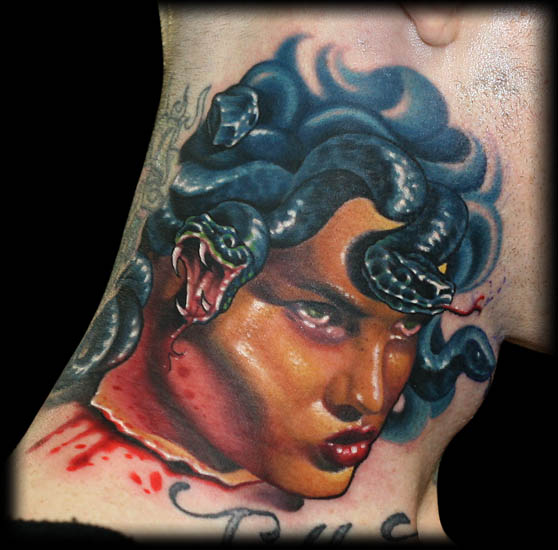 Colorful Medusa Face Tattoo On Side Neck