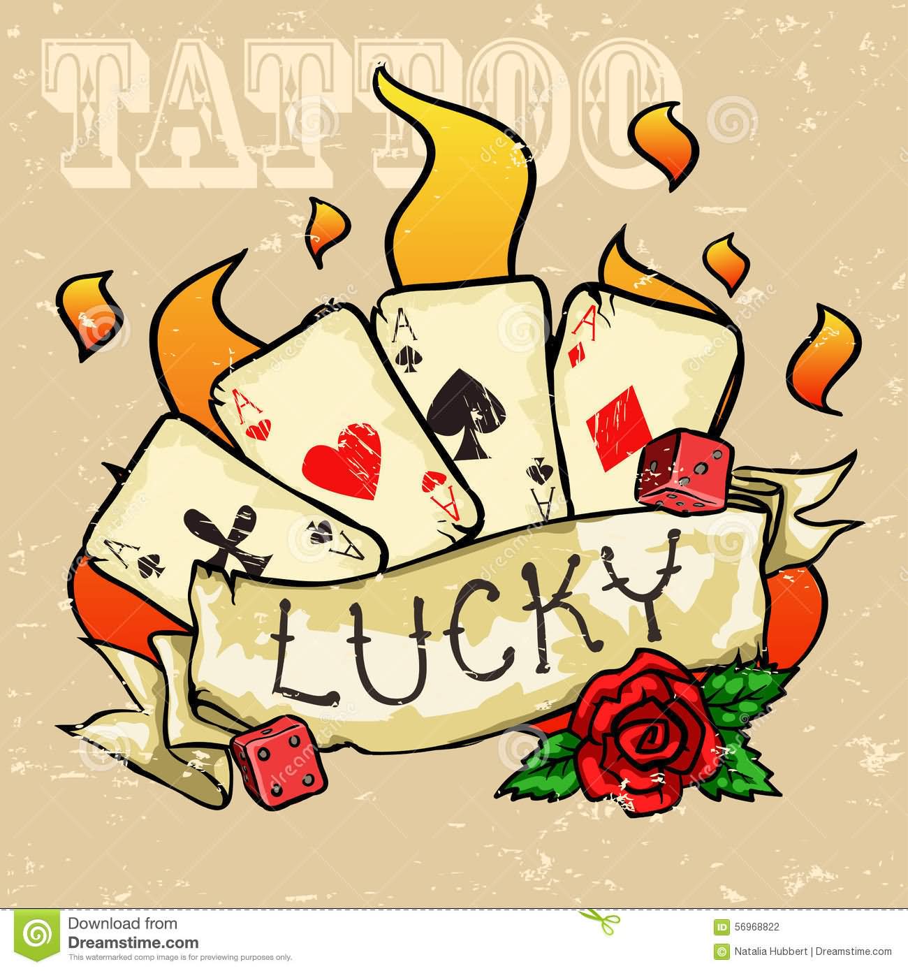 Colorful Poker Cards With Banner And Red Rose Tattoo Design