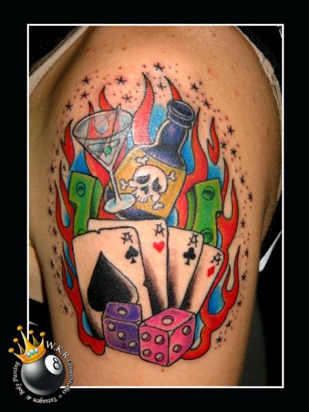 Colorful Poker Cards With Dice Tattoo On Shoulder