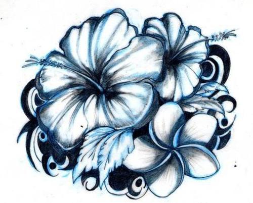 Grey And Blue Three Hibiscus Tattoo Design