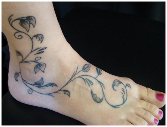 Grey Leafs On Branch Tattoo On Girl Foot