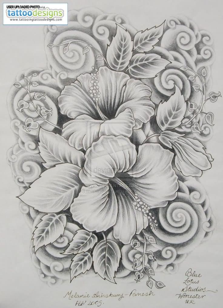 Grey Two Hibiscus With Leaves Tattoo Design By Melanie Ainsbury Panesh
