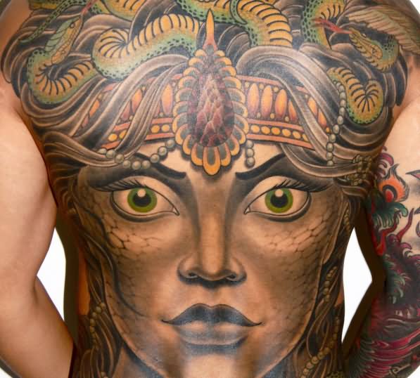 Medusa Face Tattoo On Man Full Back