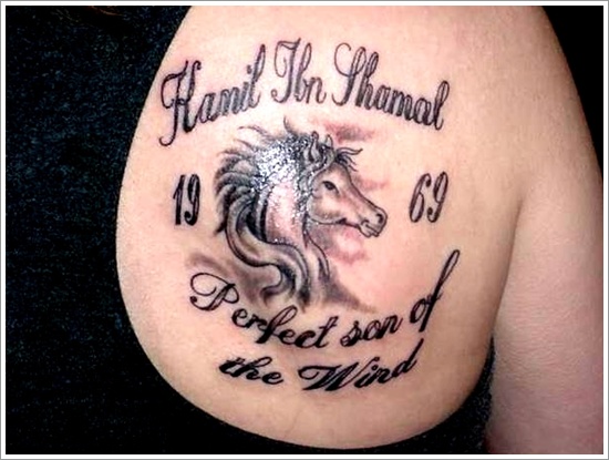Memorial Horse Head Tattoo On Right Back Shoulder