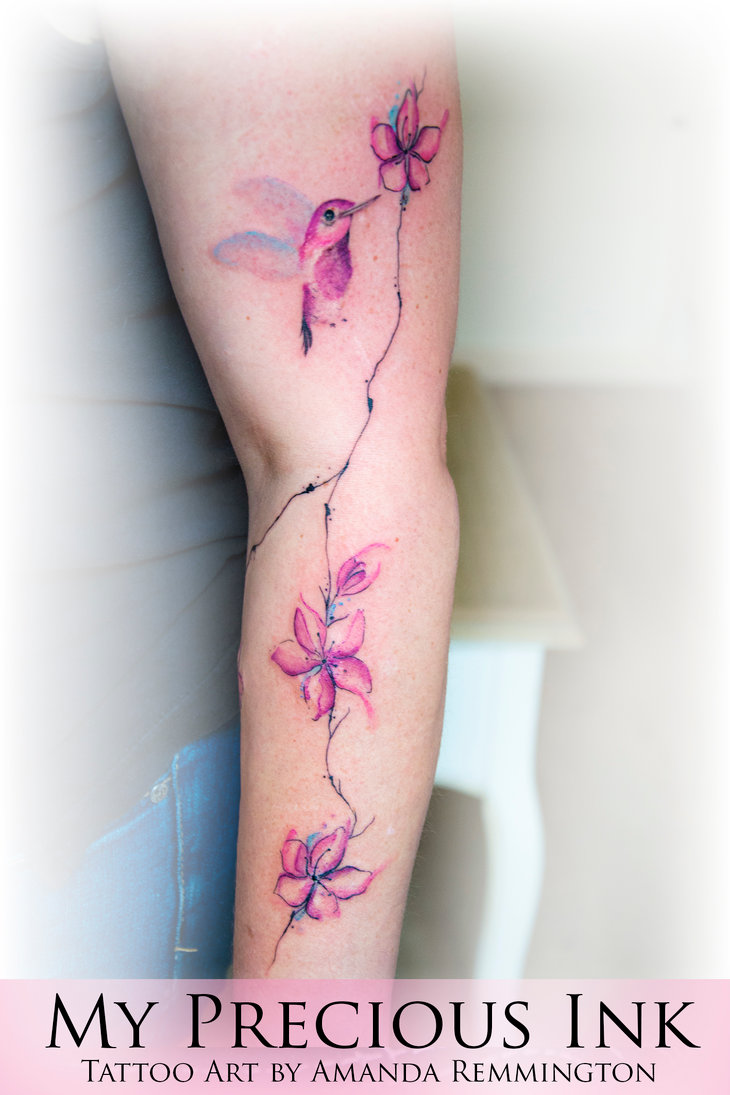 Pink Cherry Blossom Branch With Bird Tattoo On Full Sleeve By Amanda Remmington