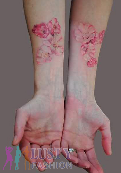 Pink Cherry Blossom Flowers Tattoo On Both Forearm