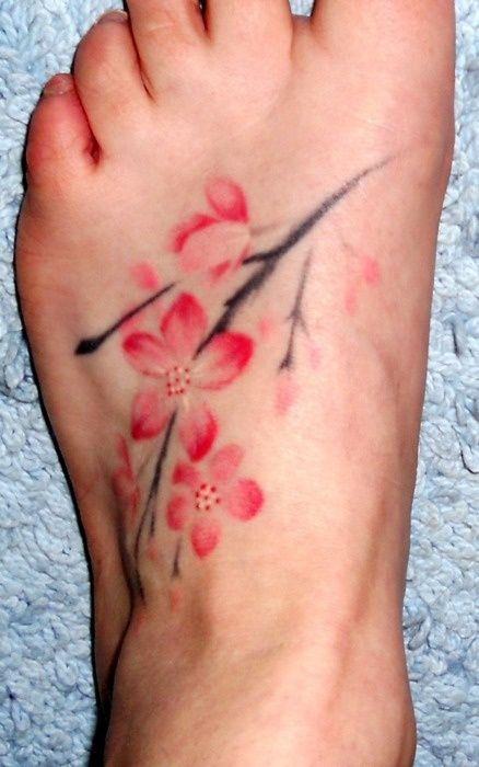 Pink Cherry Blossom Flowers Tattoo On Foot
