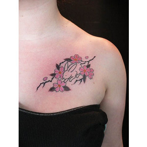 Pink Cherry Blossom Flowers Tattoo On Girl Front Shoulder