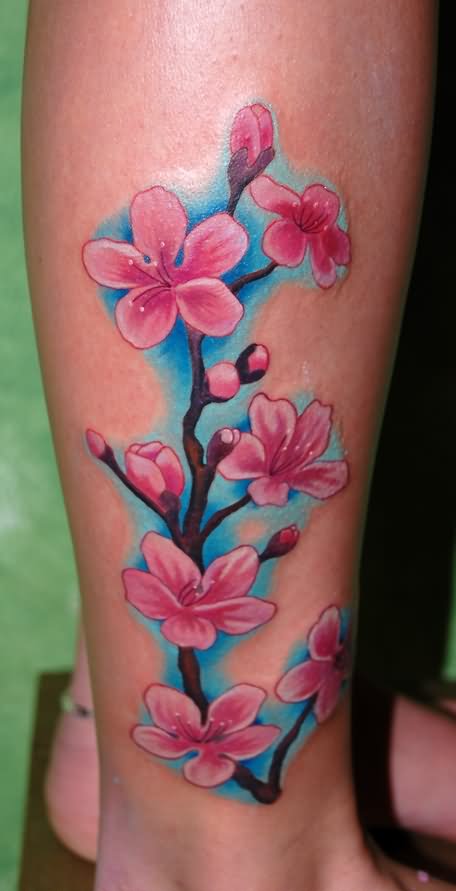 Pink Cherry Blossom Flowers Tattoo On Leg