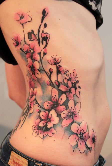 Pink Cherry Blossom Flowers Tattoo On Side Rib