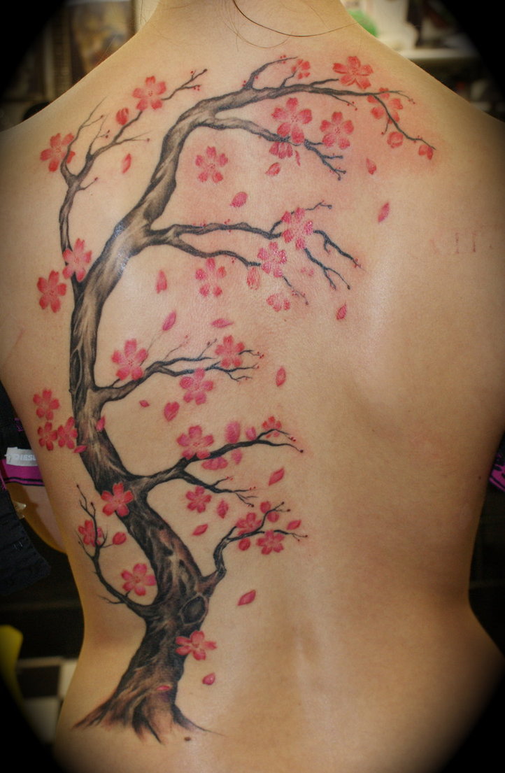 Pink Cherry Blossom On Tree Tattoo On Full Back