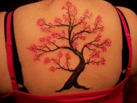 Pink Cherry Blossom Tree Tattoo On Girl Upper Back