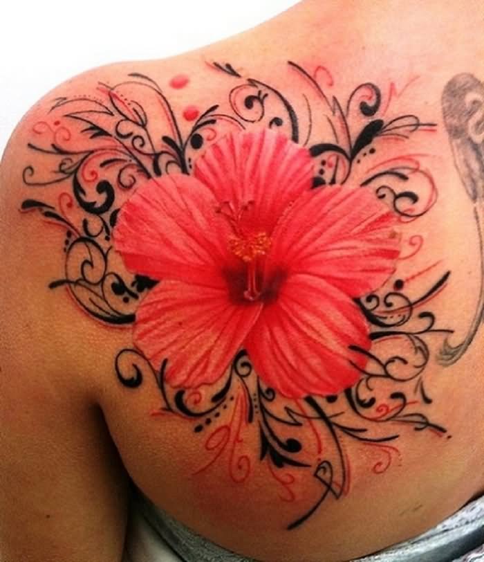 Pink Hibiscus Tattoo On Girl Left Back Shoulder